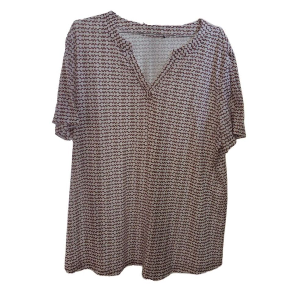 Women's Light Tan & White Patterned Short Sleeve V Neck Top